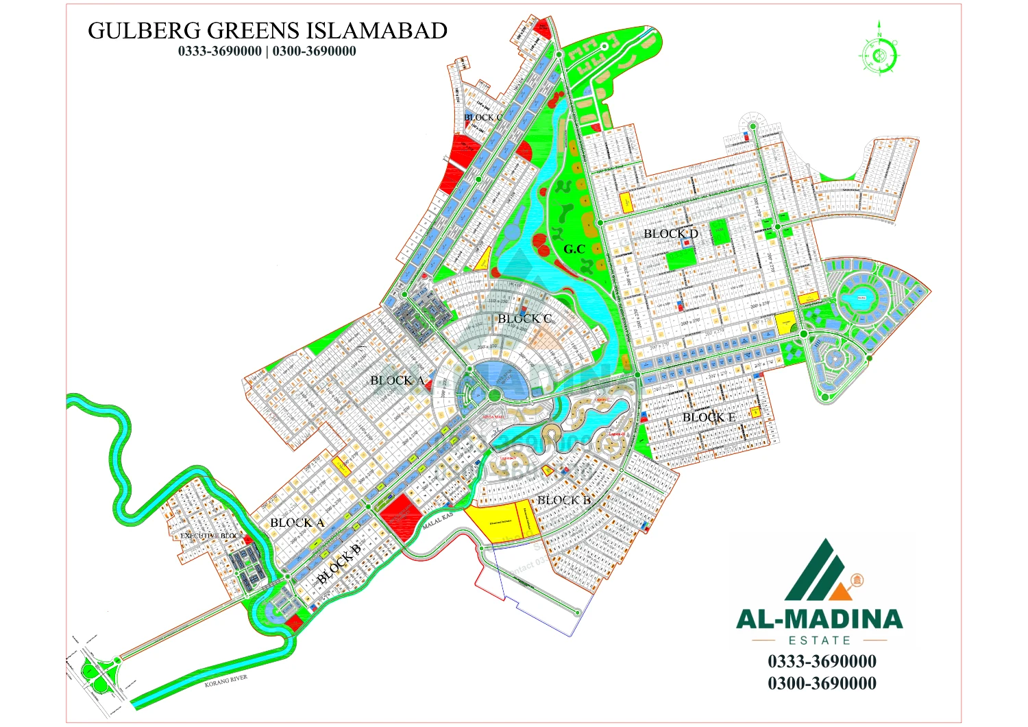 Complete Gulberg Greens Islamabad map with block labels and sale and purchase contact watermark