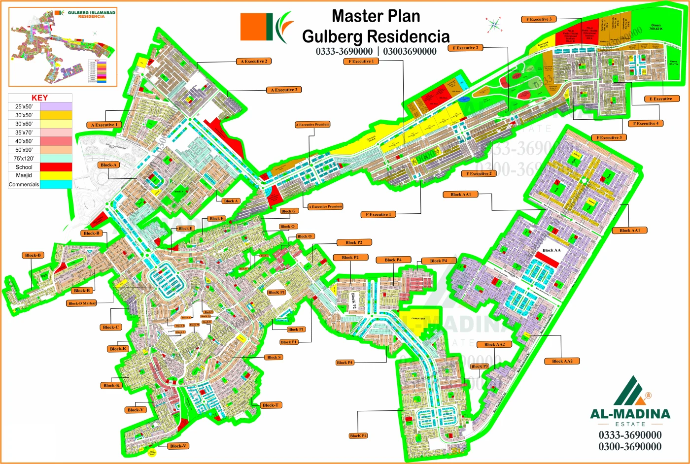 Complete Gulberg Residencia master-plan map showing block layout, road network and colour legend